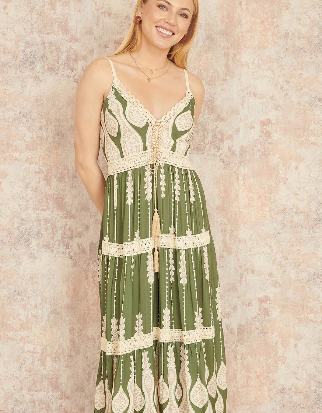 Green Viscose Paisley Print Lace Trim Midi Sun Dress, 2 of 1