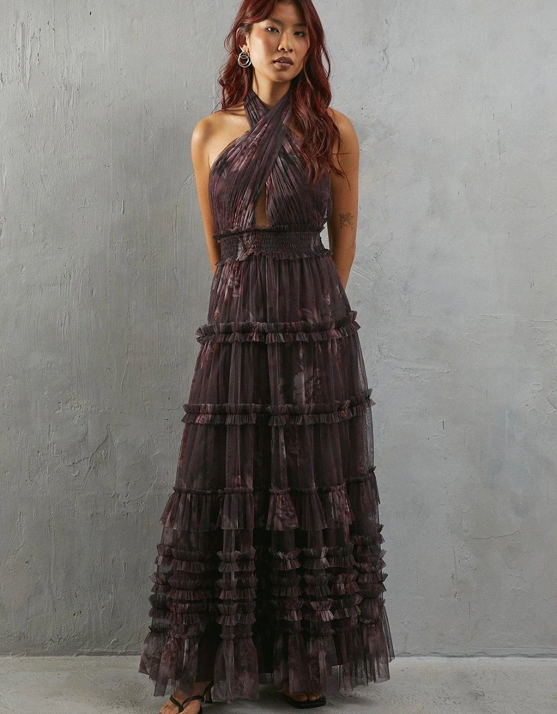 Tulle Floral Halter Shirred Waist Tier Maxi Dress, 2 of 1