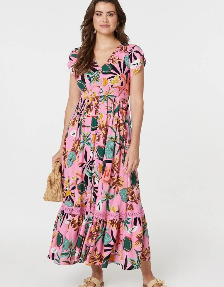 Tropical Print Angel Sleeve Maxi Dress