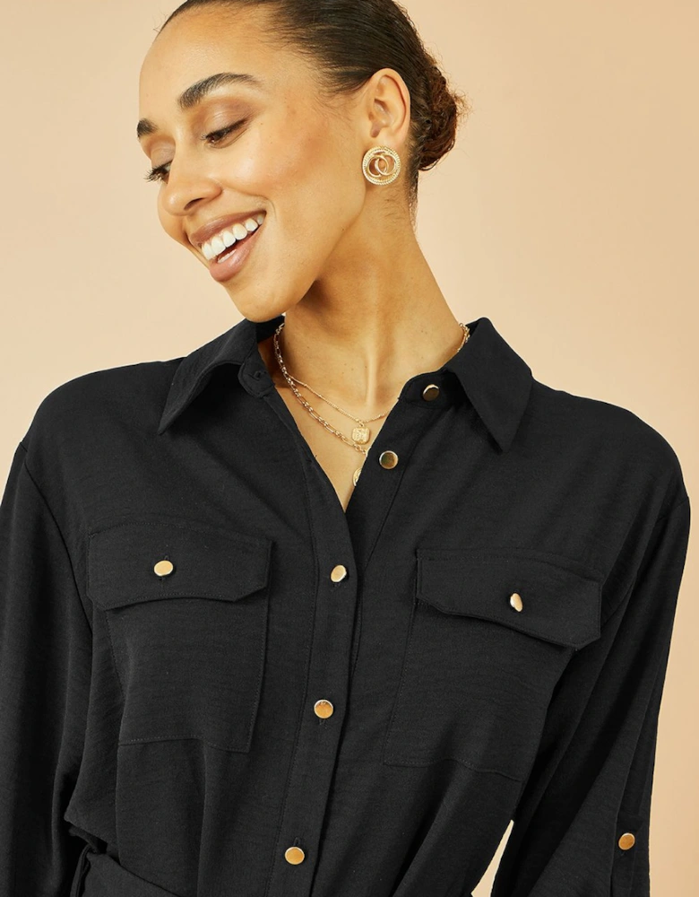 Black Stretch Midi Shirt Dress