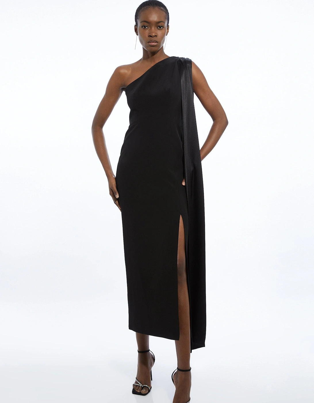 Viscose Satin Back Crepe Tailored One Shoulder Cape Maxi Dress, 2 of 1