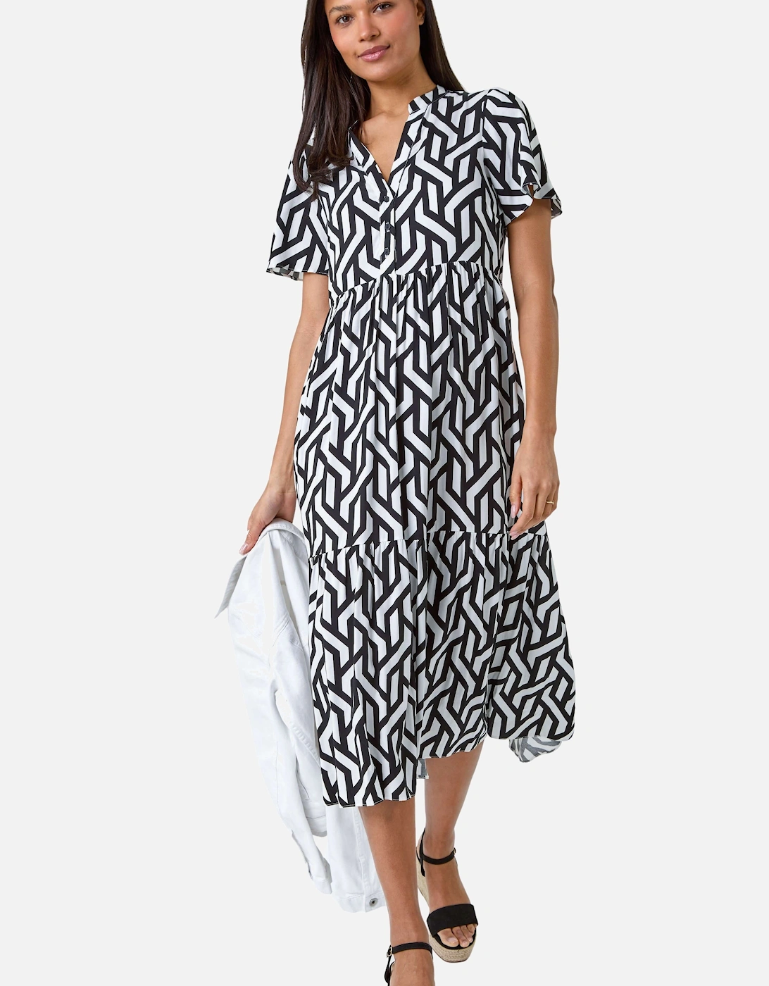 Geometric Print Tiered Midi Dress, 2 of 1
