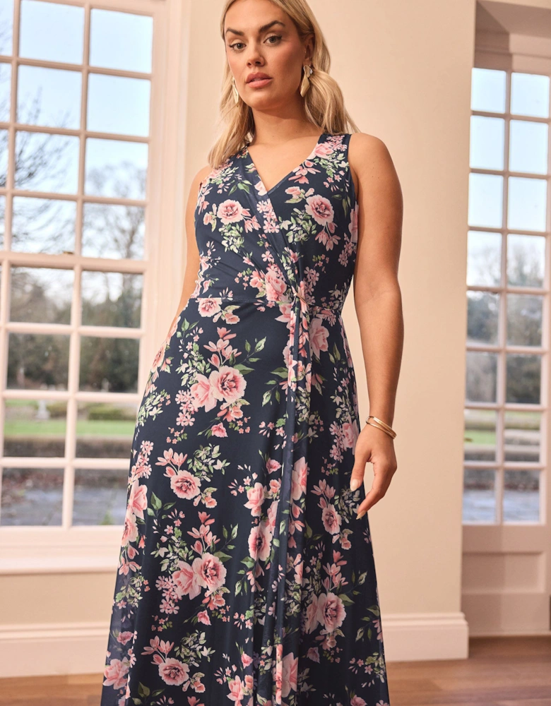 Floral Mesh Draped Maxi Dress