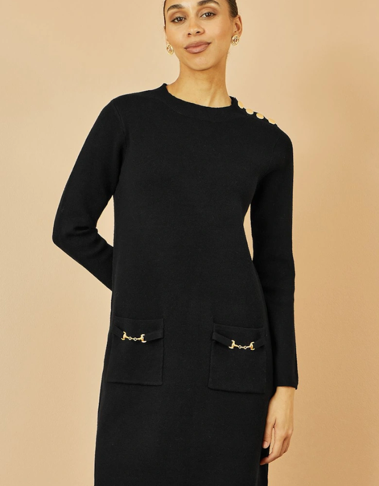 Black Knitted Tunic Dress With Gold Hardware Details