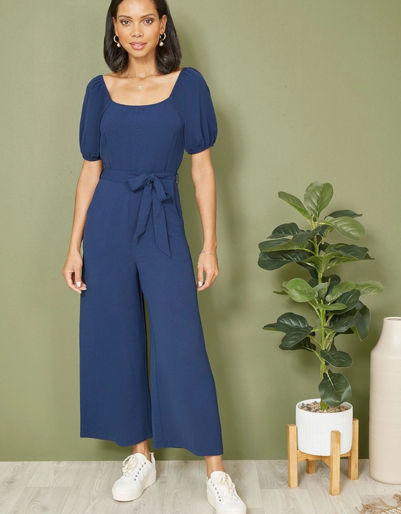 Navy Square Neck Puff Sleeve Culotte Jumpsuit