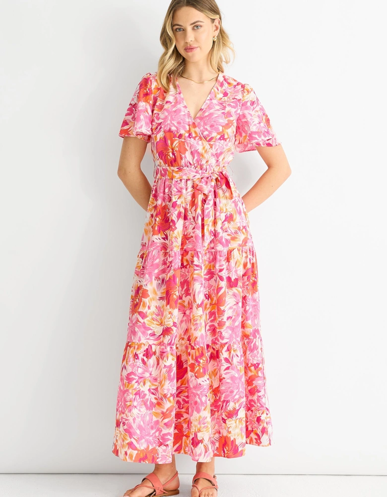 Red Floral Wrap Belted Midi Dress