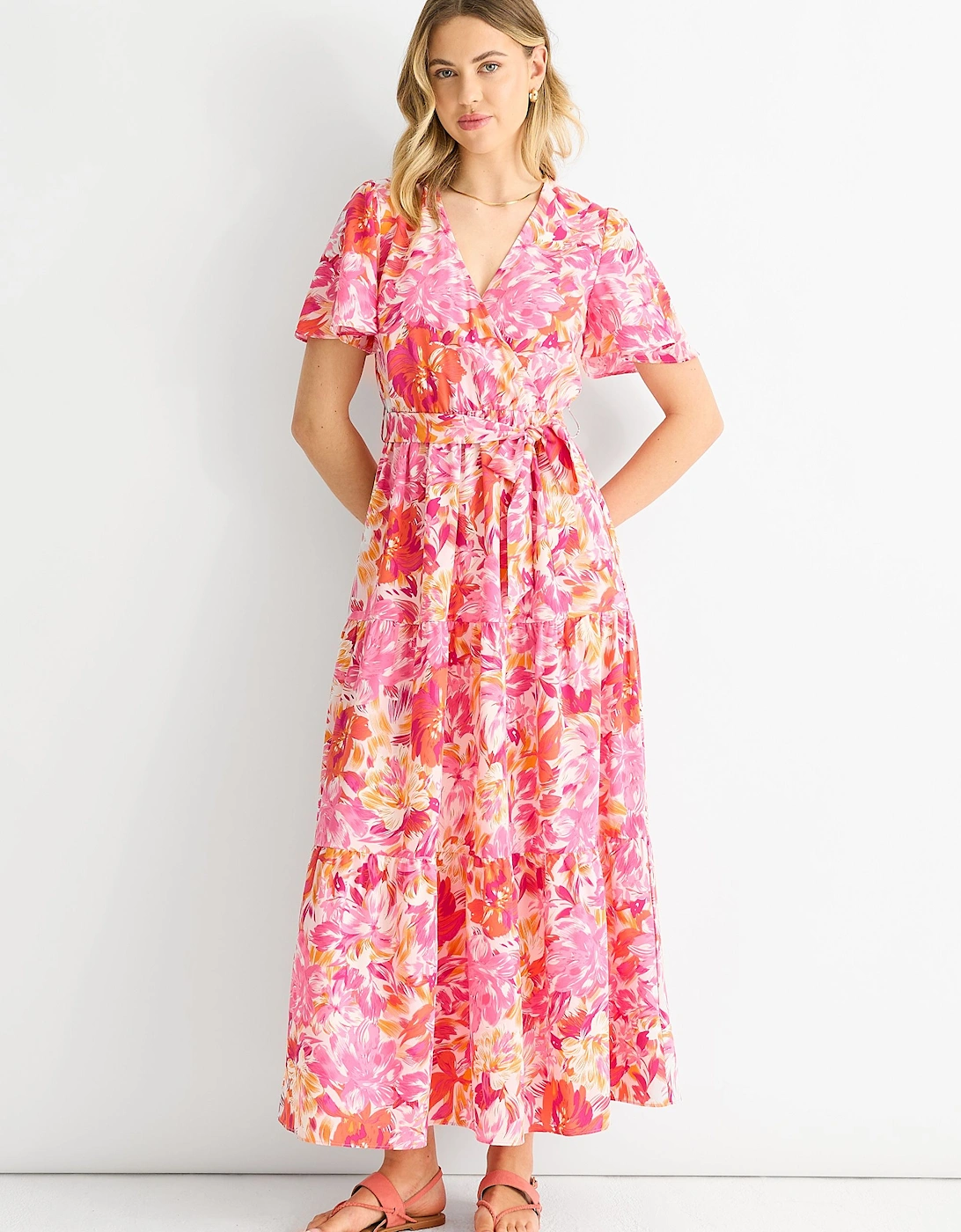 Red Floral Wrap Belted Midi Dress, 2 of 1