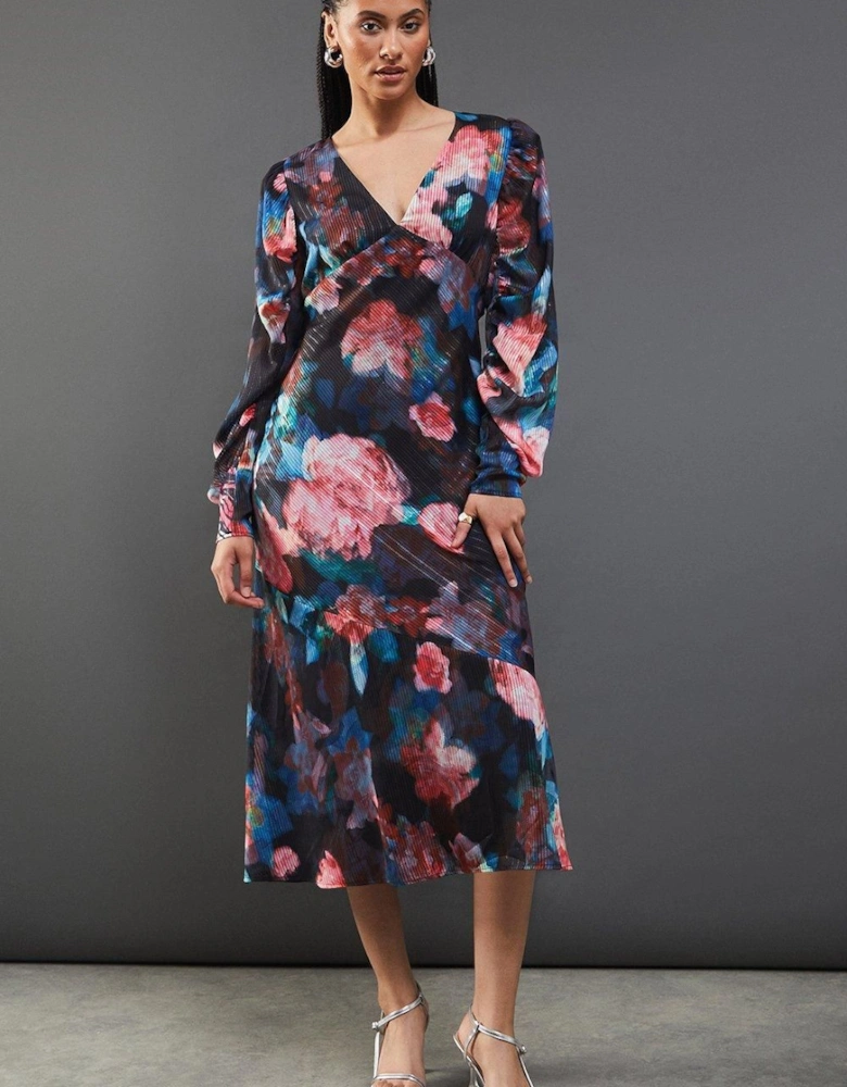 Metallic Shadow Stripe Gathered Sleeve Plunge Neck Maxi Dress
