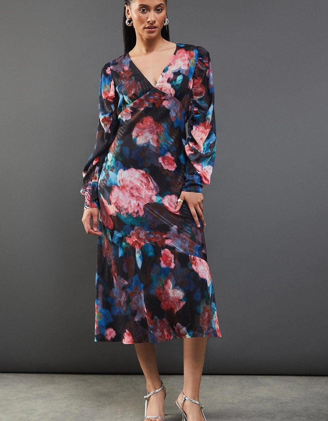Metallic Shadow Stripe Gathered Sleeve Plunge Neck Maxi Dress, 2 of 1