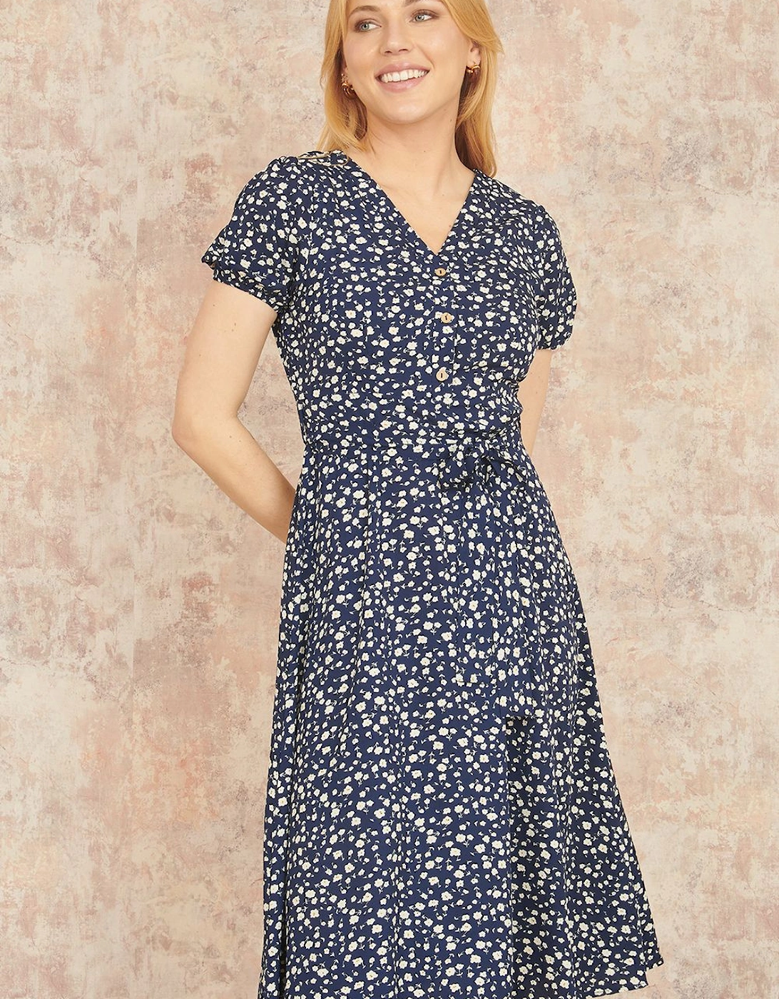 Navy Ditsy Floral Midi Shirt Dress, 2 of 1
