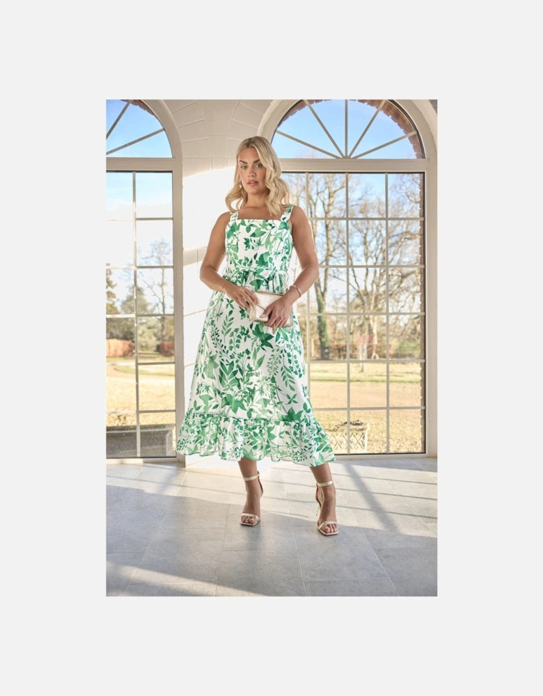 Botanical Leaf Print Linen Look Dress