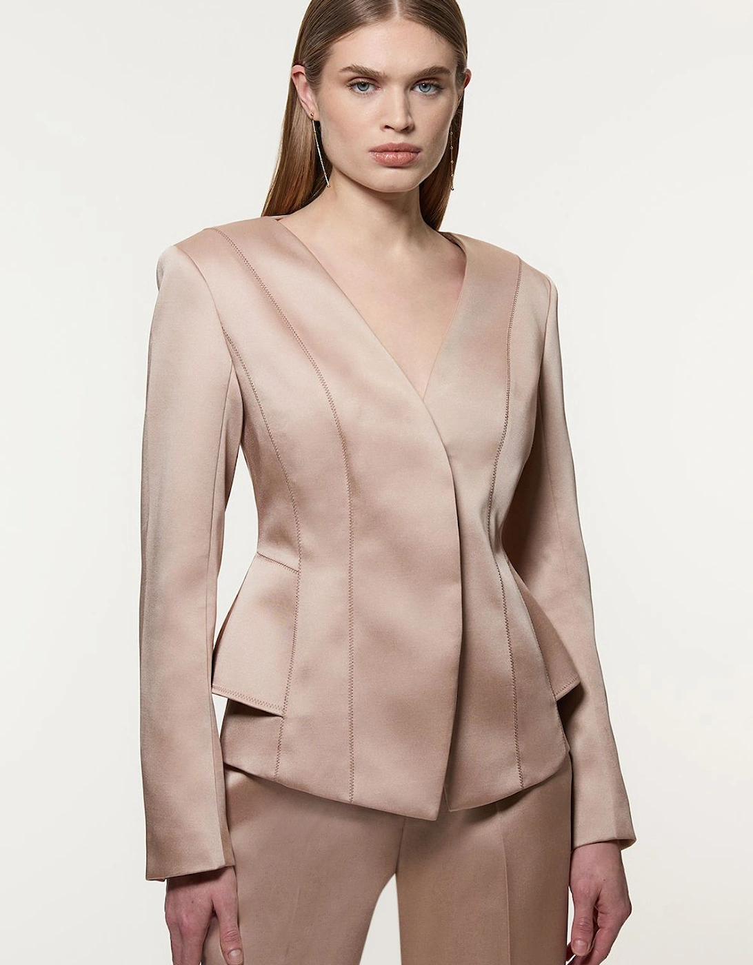 Structured Viscose Satin Stitch Detail Tailored Peplum Blazer, 2 of 1