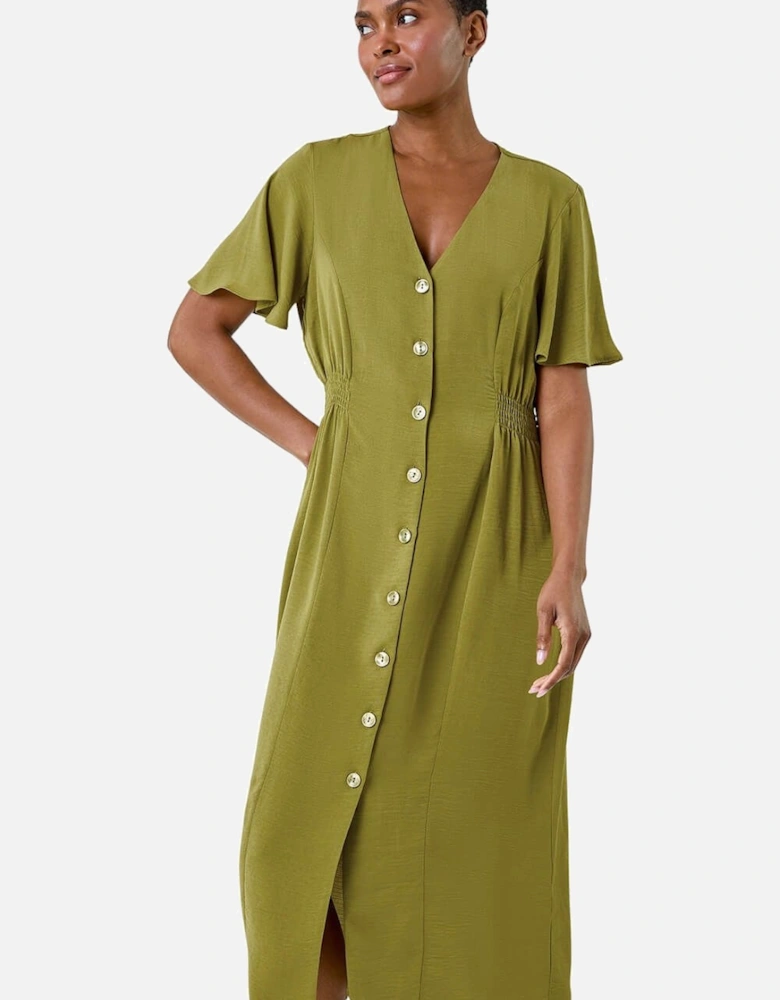 Button Through Shirred Midi Dress