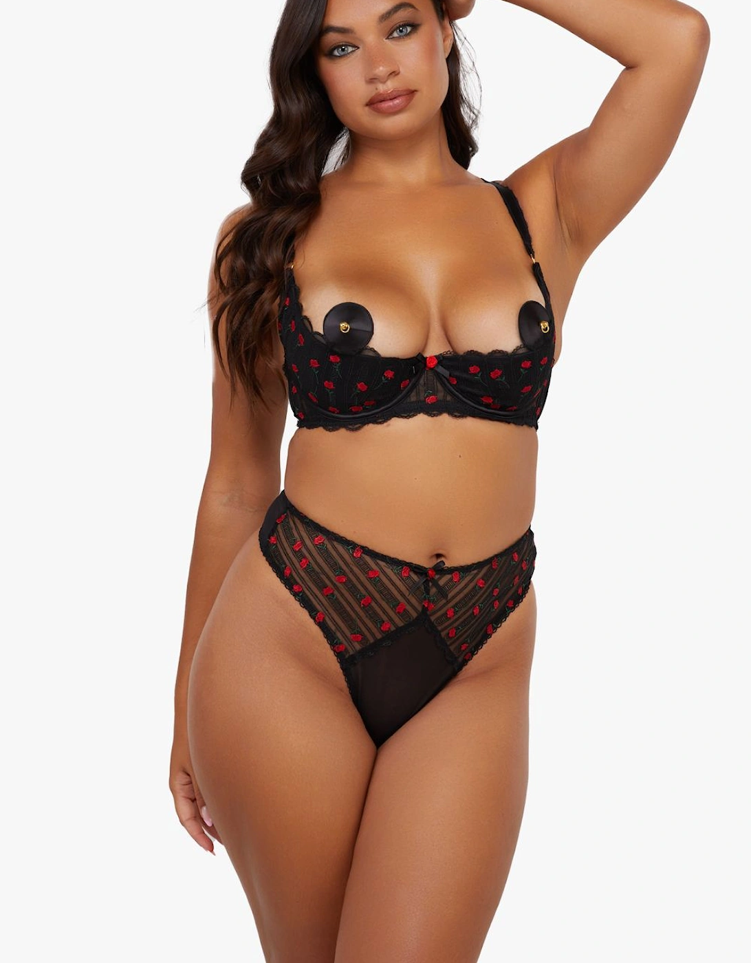 Elodie Black And Red Rosebud Embroidery Quarter Cup Bra, 2 of 1