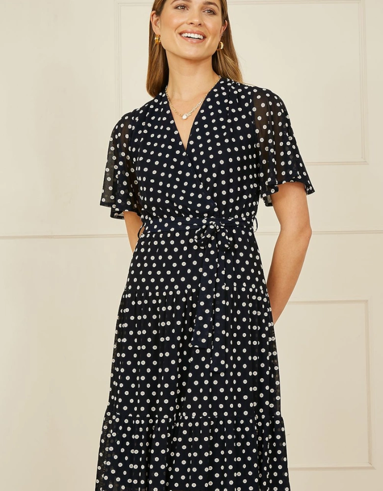 Navy Dot Print Mesh Stretch Midi Skater Dress