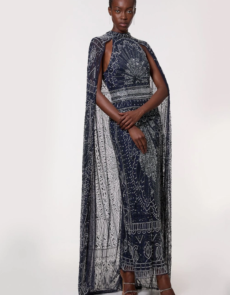 Premium Embellished High Neck Woven Maxi Dress With Cape