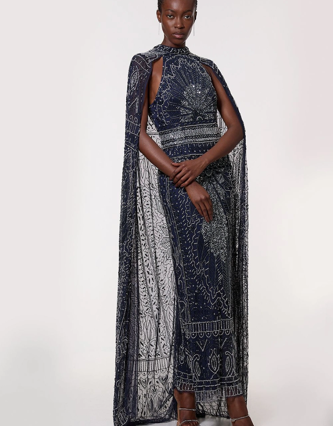 Premium Embellished High Neck Woven Maxi Dress With Cape, 2 of 1