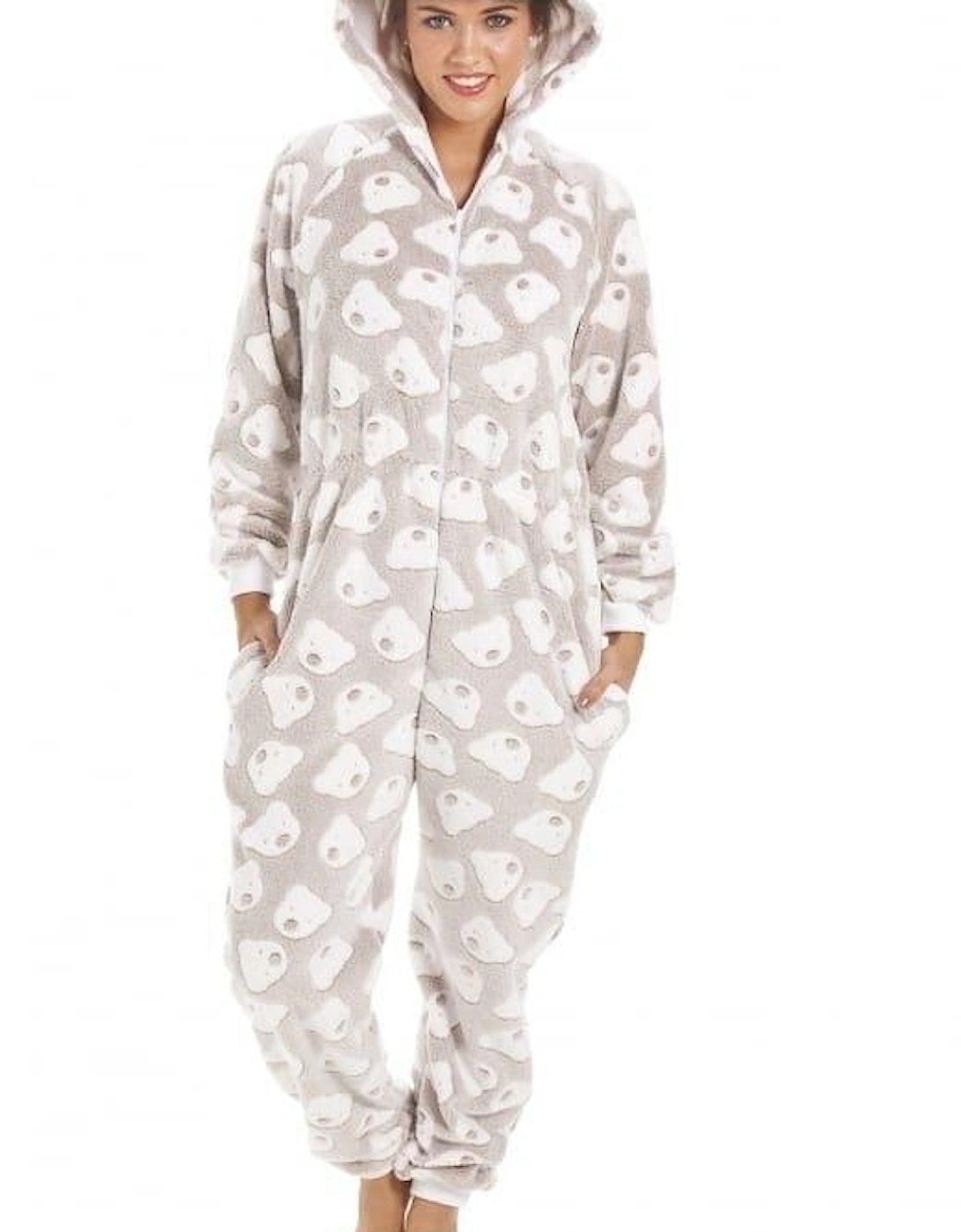 Supersoft Cuddle Fleece Bear Print Hooded Onesie, 2 of 1