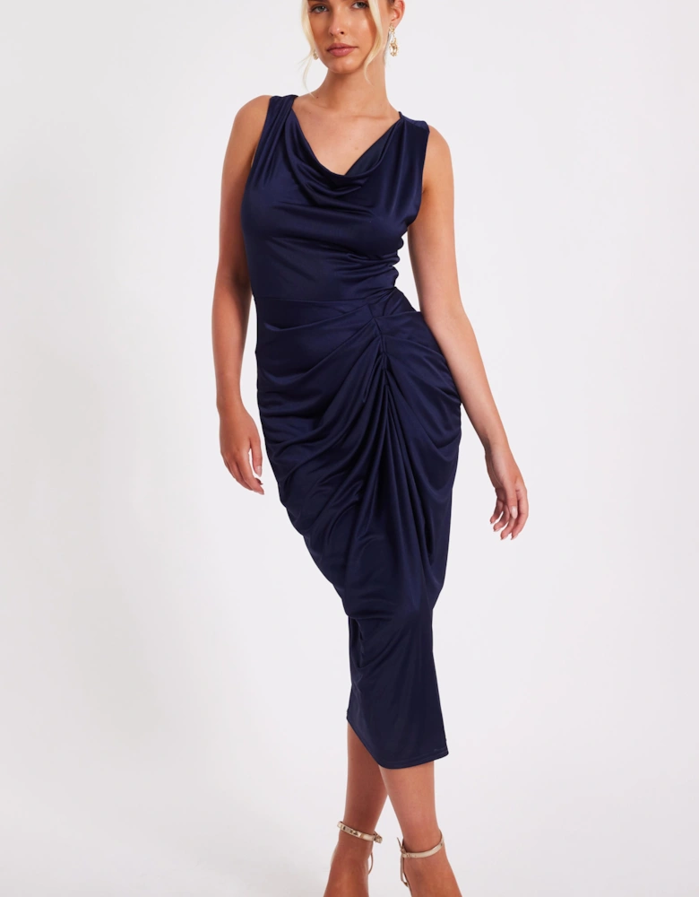 Navy Cowl Neck Midi Dress