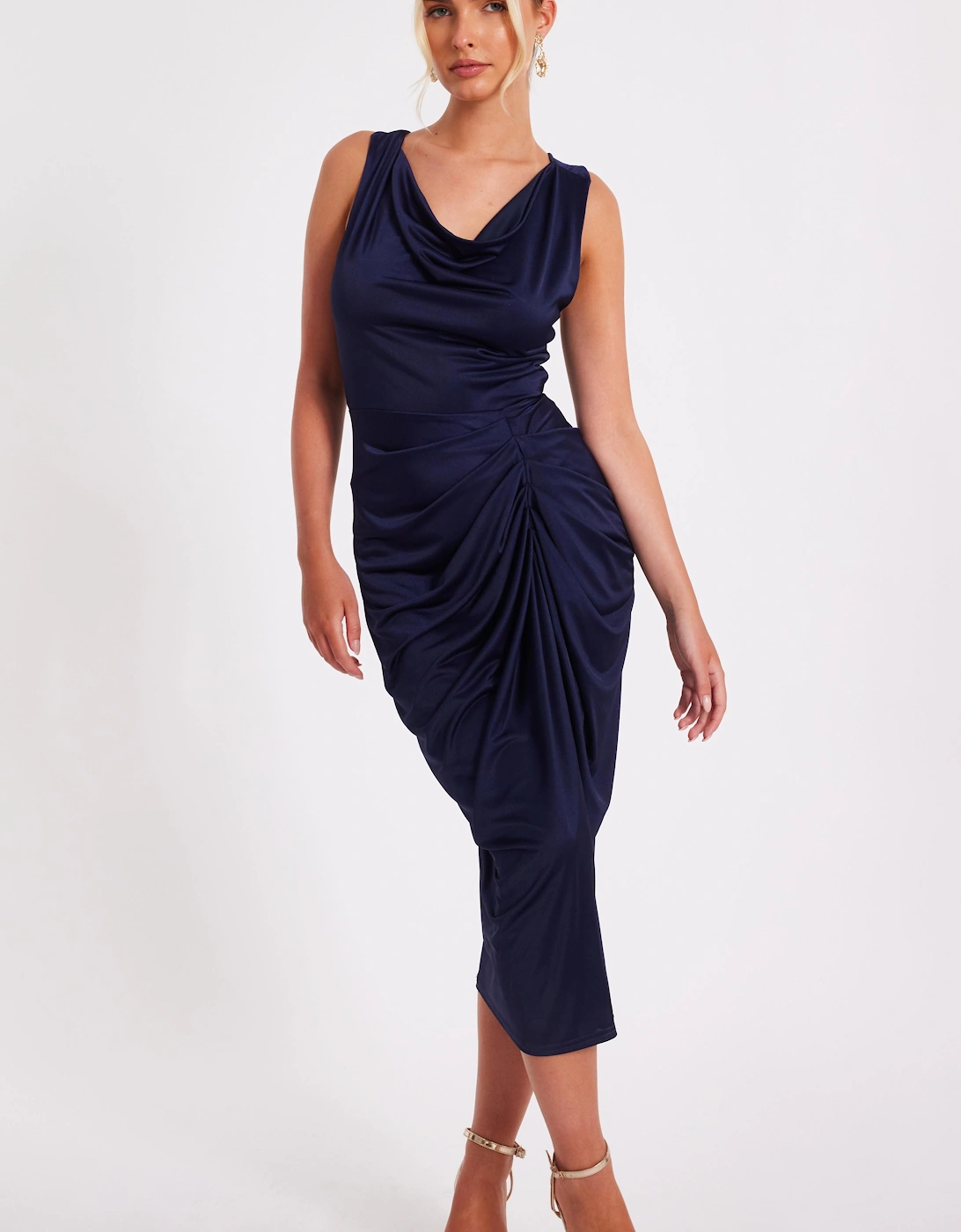 Navy Cowl Neck Midi Dress, 2 of 1