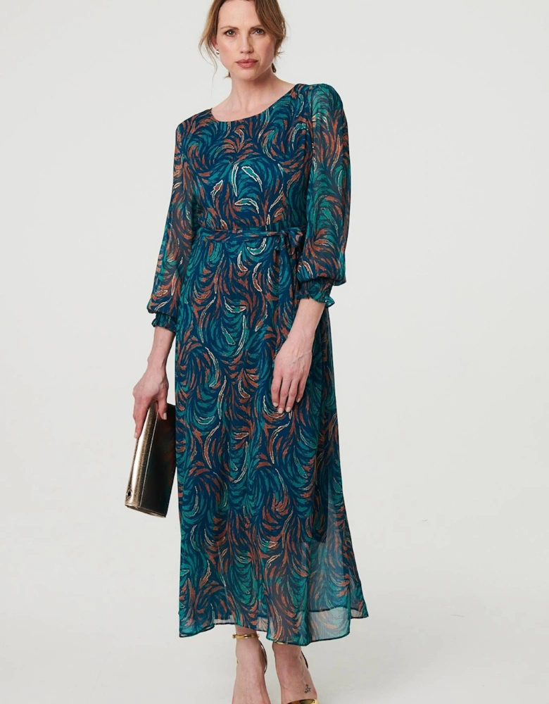 Abstract Long Sheer Sleeve Maxi Dress