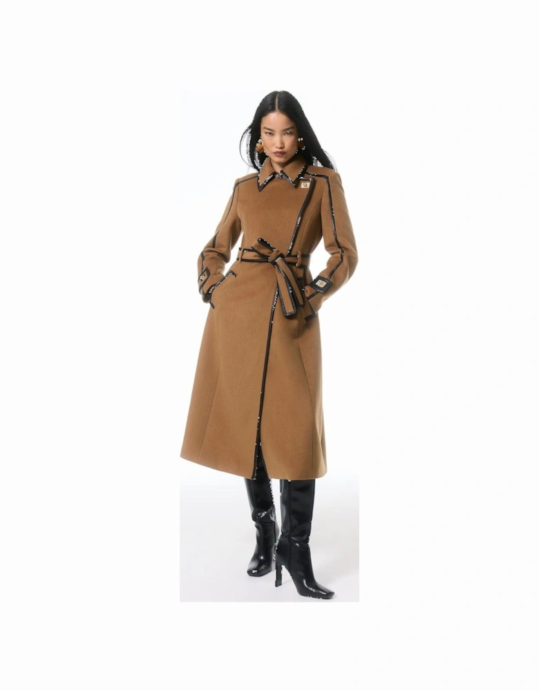 Brushed Wool Pu Trim Belted Tailored Double Breasted Midi Coat
