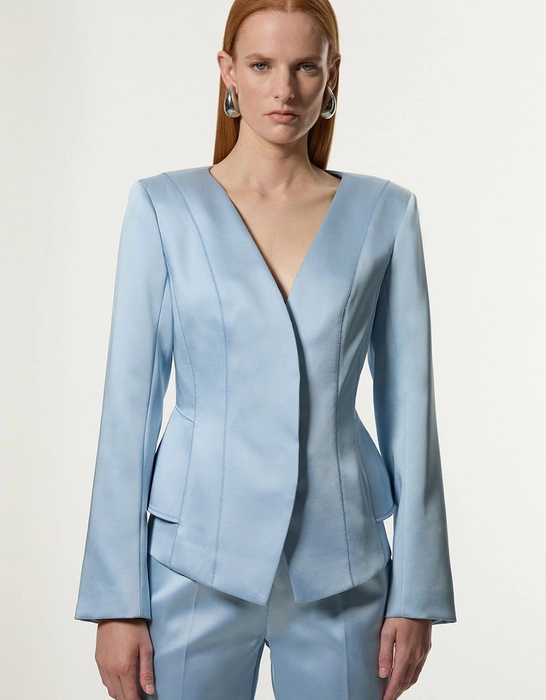 Structured Viscose Satin Stitch Detail Tailored Peplum Blazer, 2 of 1