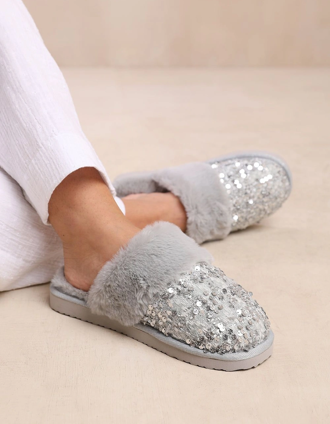'Snuggle' Slip On Sequin Slippers With Fur Trim, 2 of 1