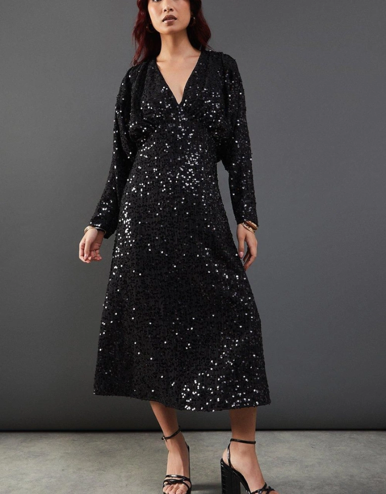 Sequin Crinkle Batwing Plunge Neck Midi Dress
