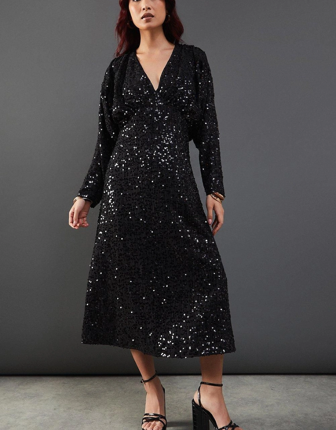Sequin Crinkle Batwing Plunge Neck Midi Dress, 2 of 1
