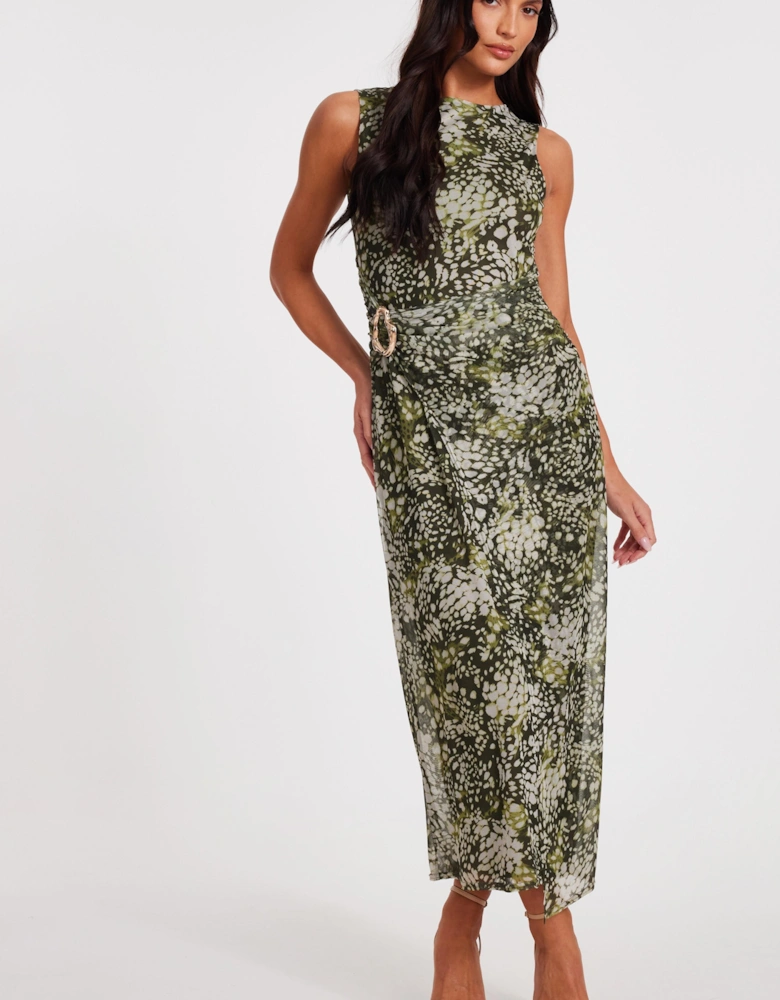 Khaki Mesh Animal Print Midaxi Dress