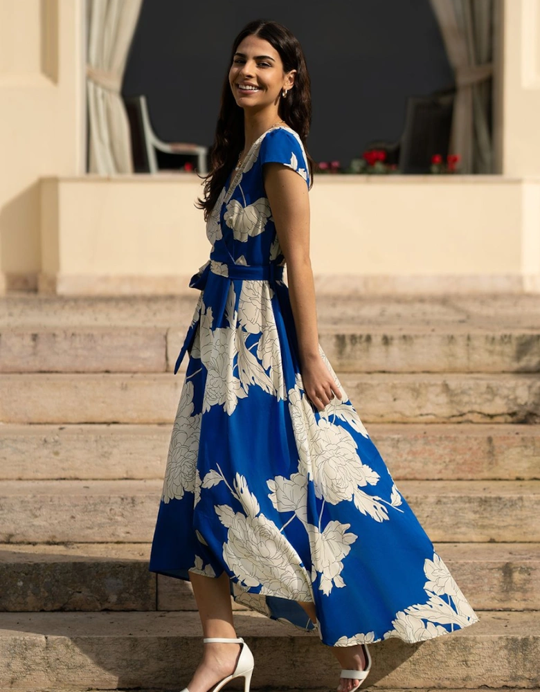 Blue Blossom Print Wrap Midi With Dipped Hem