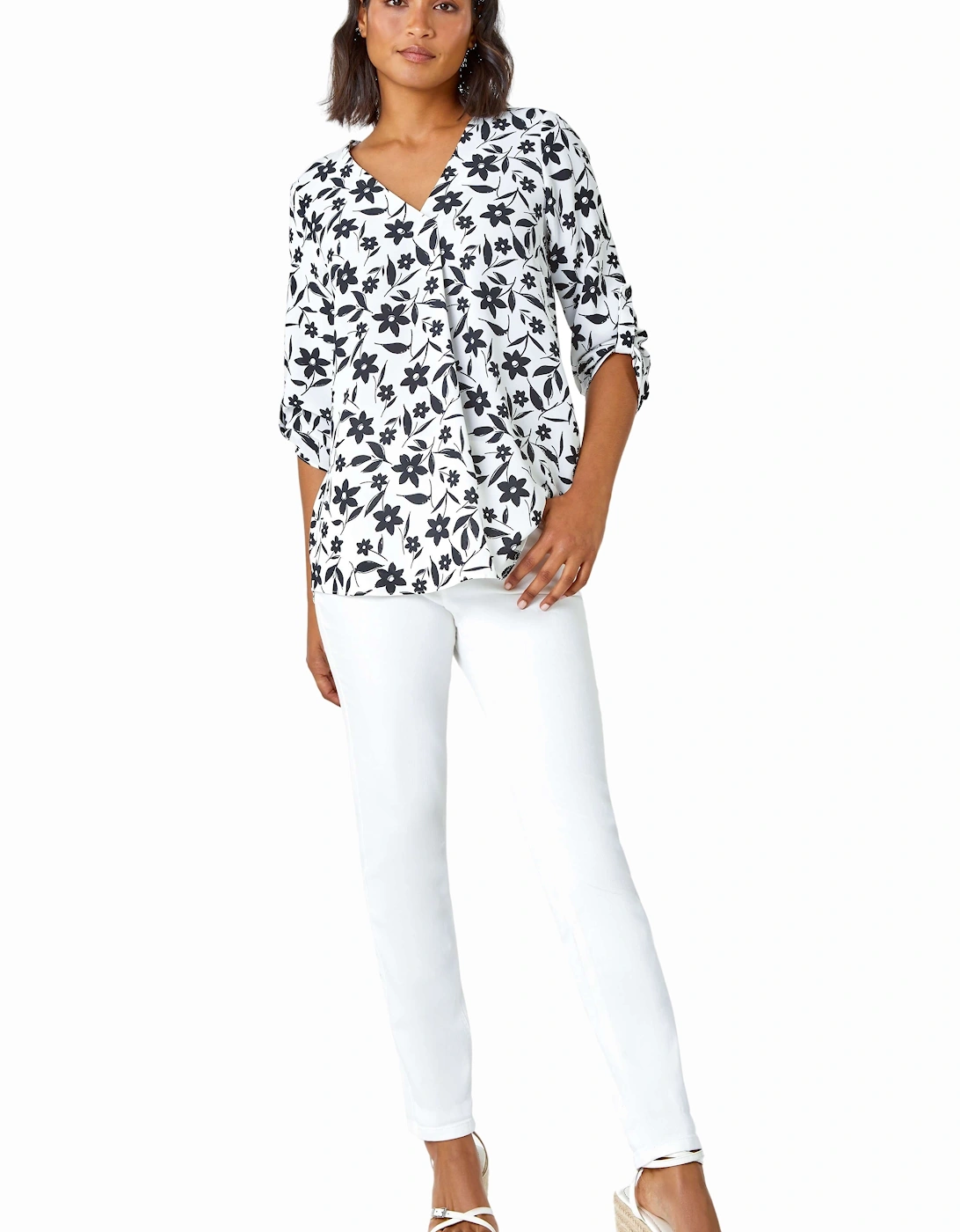 Floral Print Pleat Front V-Neck Tunic Top, 2 of 1