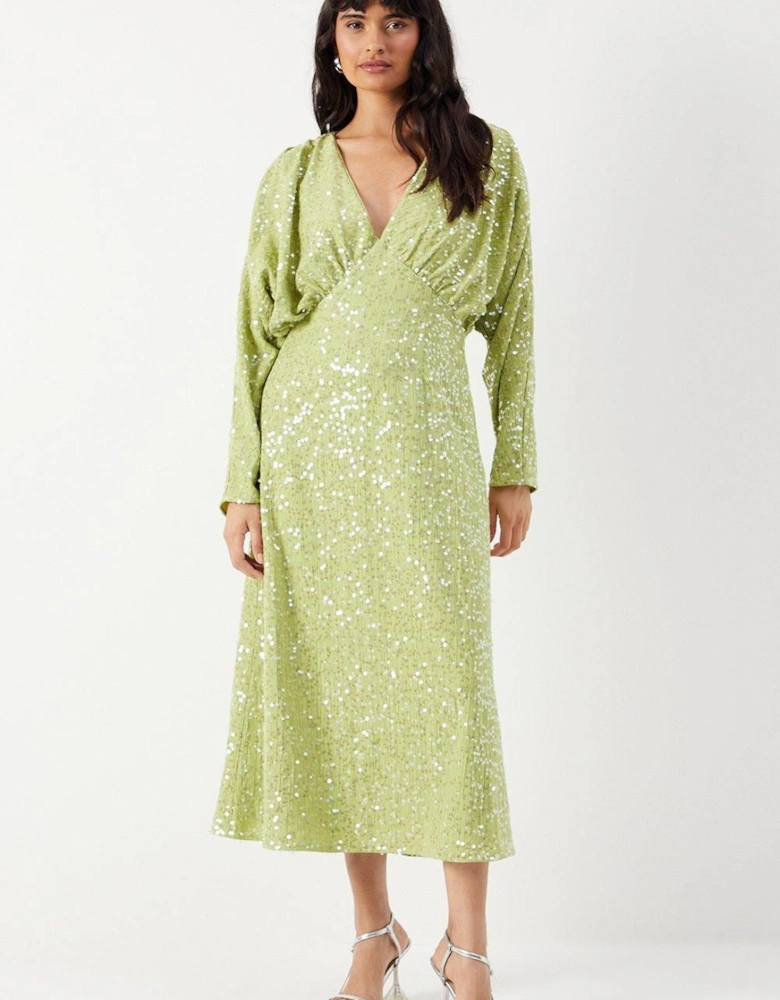 Sequin Crinkle Batwing Plunge Neck Midi Dress