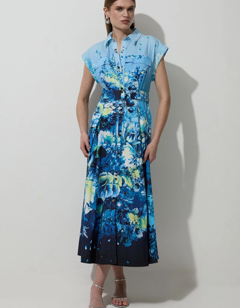 Placed Floral Cotton Sateen Sleeveless Woven Dress