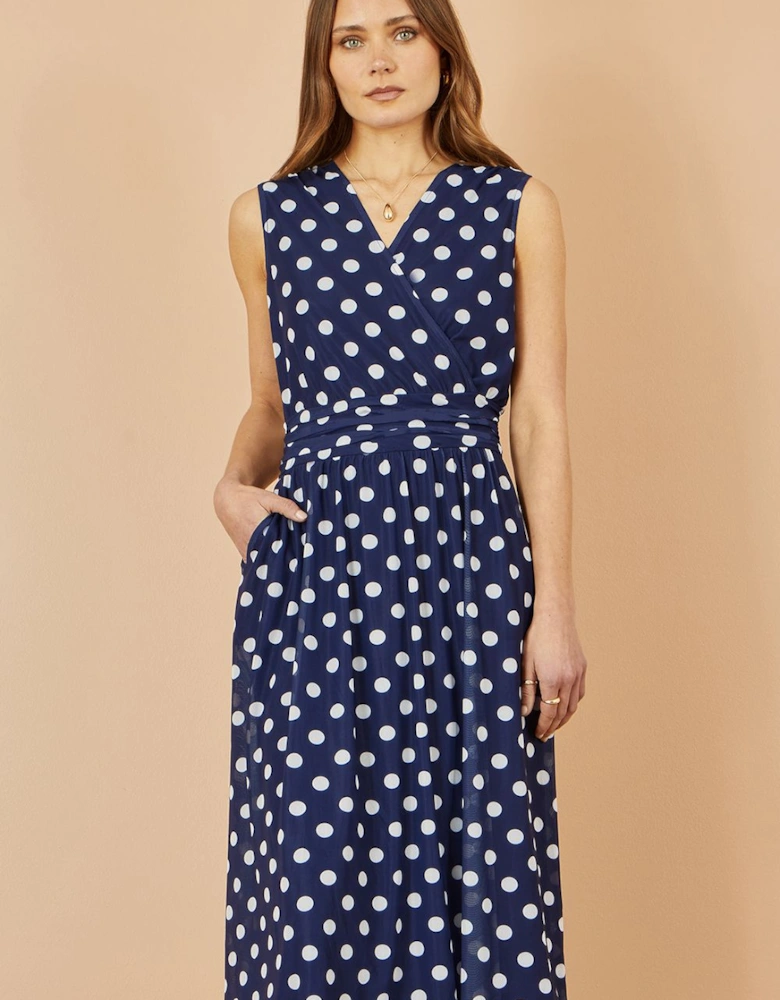 Navy Polka Dot Mesh Wrap Skater Dress With Pockets