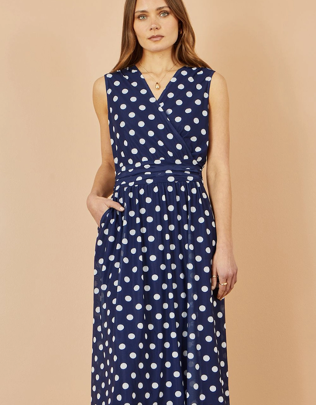 Navy Polka Dot Mesh Wrap Skater Dress With Pockets, 2 of 1