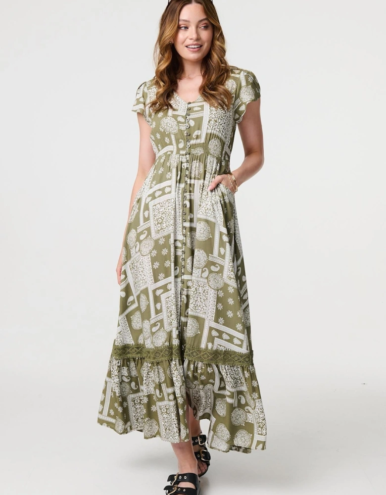 Printed V-Neck Cap Sleeve Maxi Dress