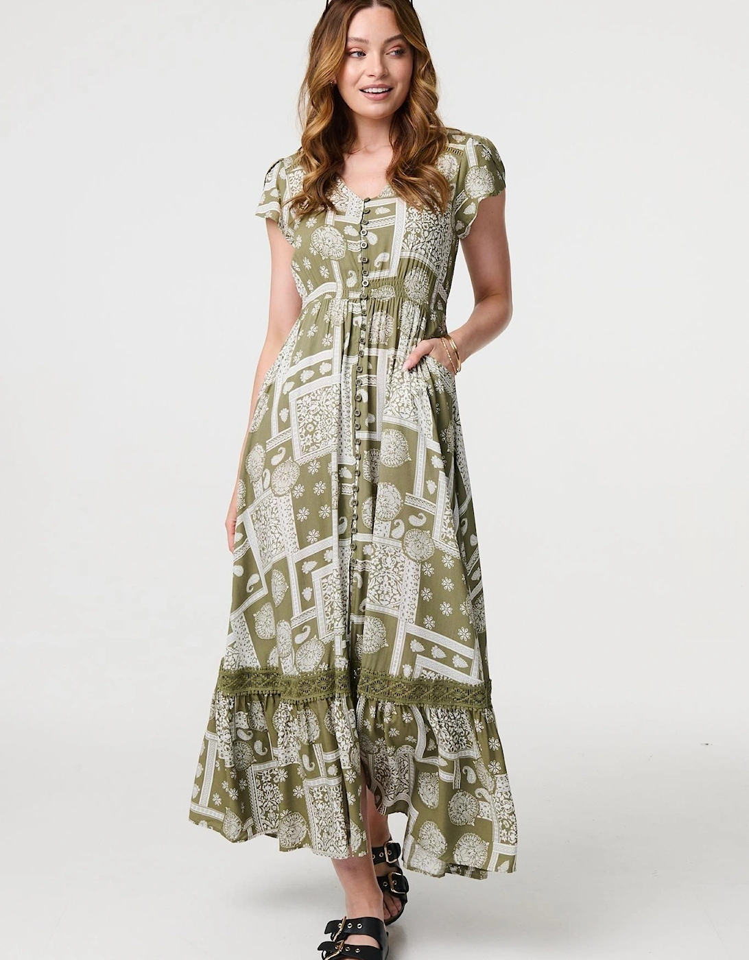 Printed V-Neck Cap Sleeve Maxi Dress, 2 of 1