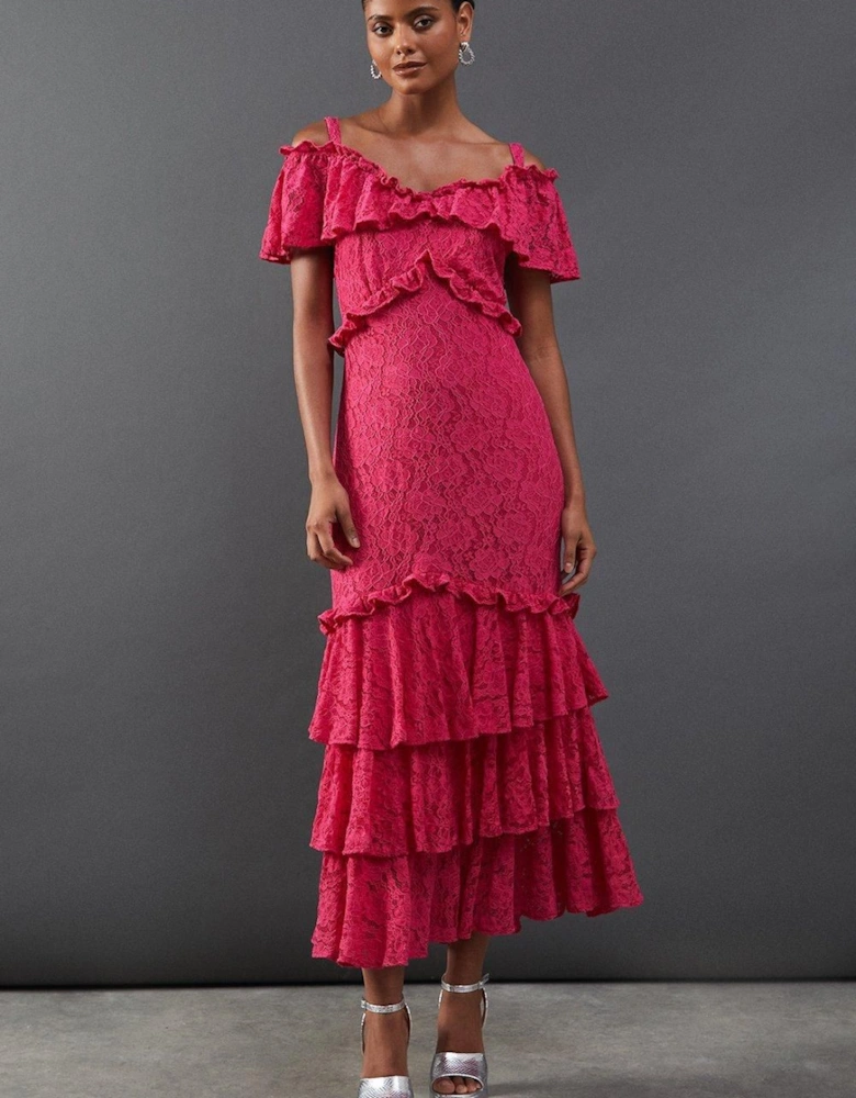 Corded Lace Ruffle Fallen Shoulder Midi Dress