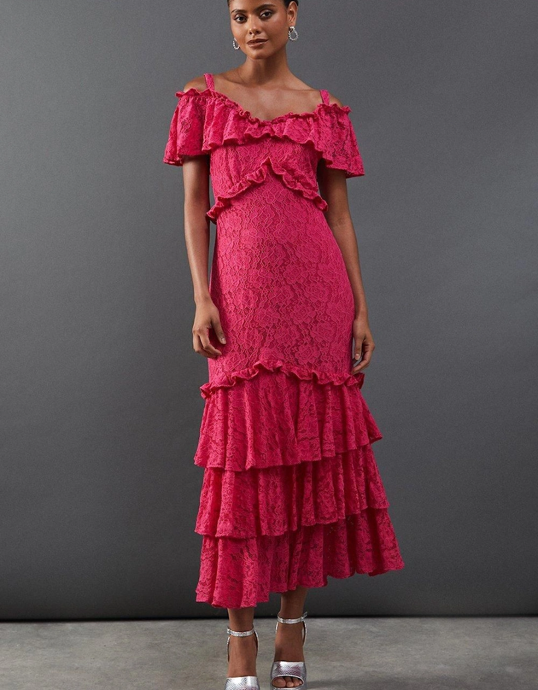 Corded Lace Ruffle Fallen Shoulder Midi Dress, 2 of 1