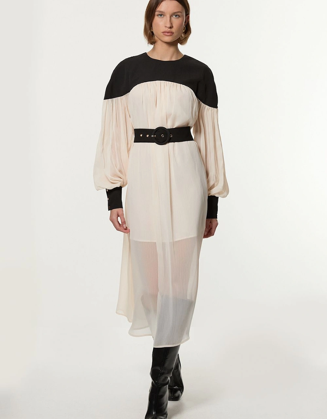 Twill Balloon Sleeve Woven Midi Dress, 2 of 1