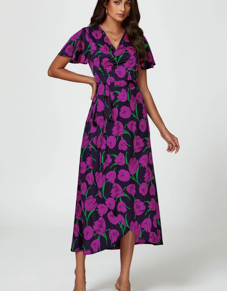 Floral Print Satin Wrap Maxi Dress In Magenta