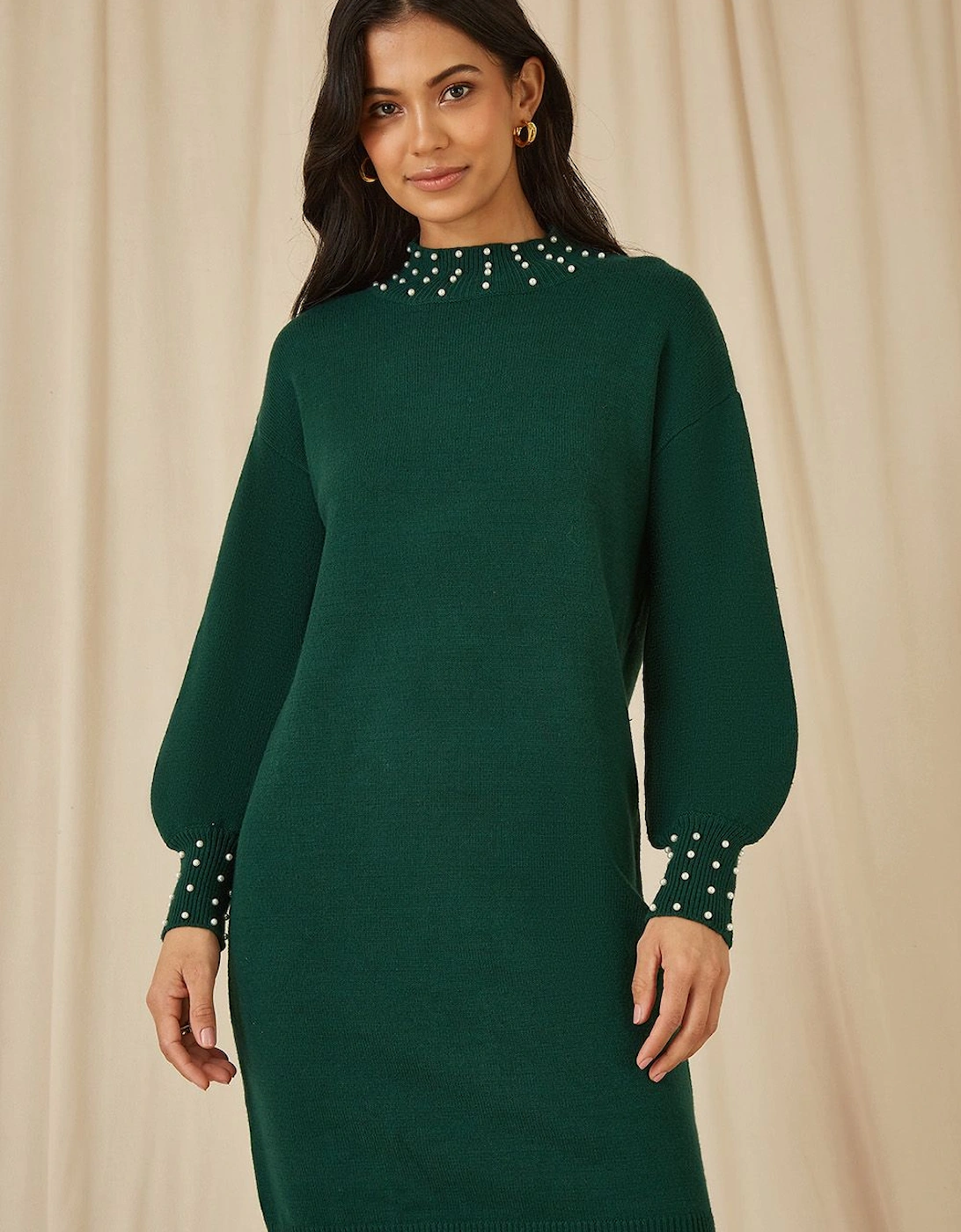 Green Pearl Detail Knitted Relaxed Jumper Dress, 2 of 1