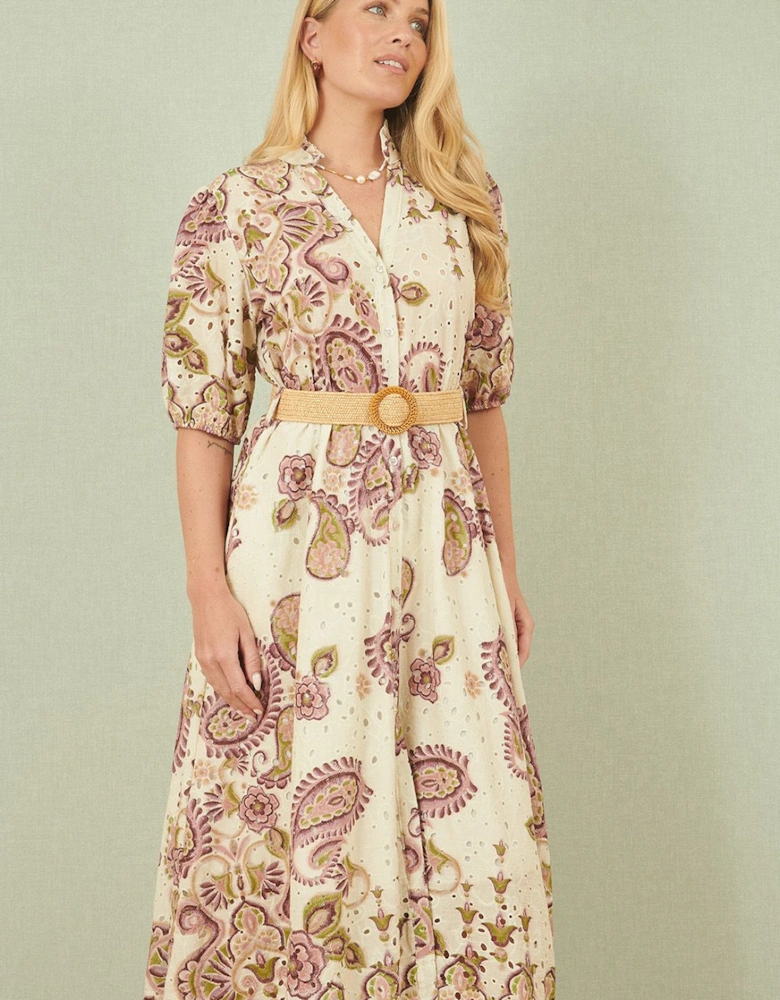 White Paisley Print Broderie Anglaise Cotton Midi Dress