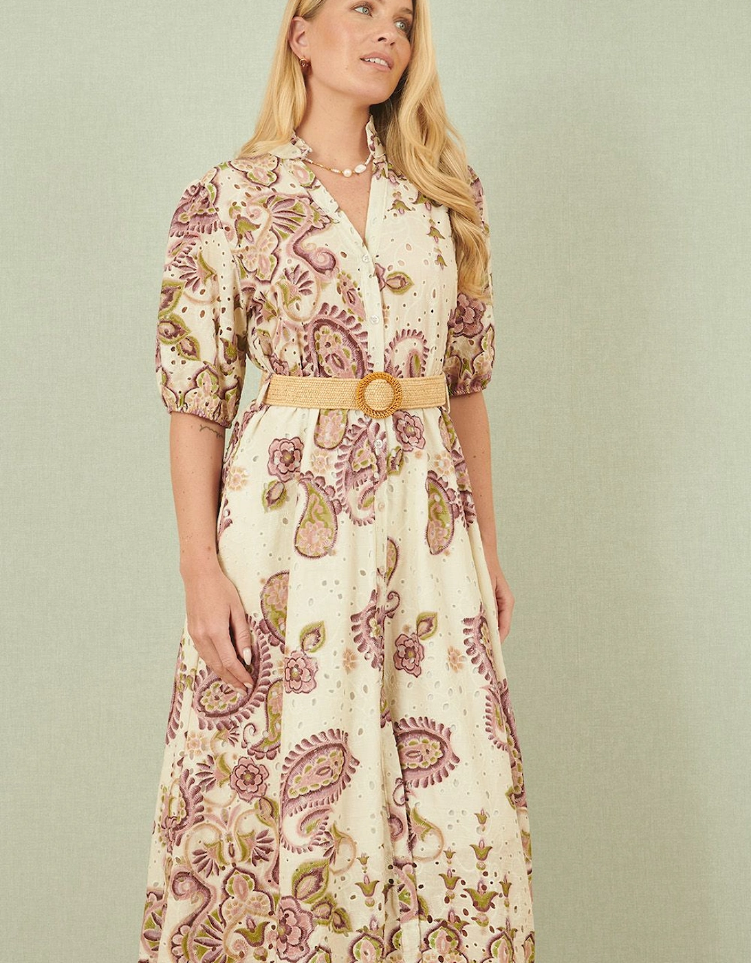 White Paisley Print Broderie Anglaise Cotton Midi Dress, 2 of 1