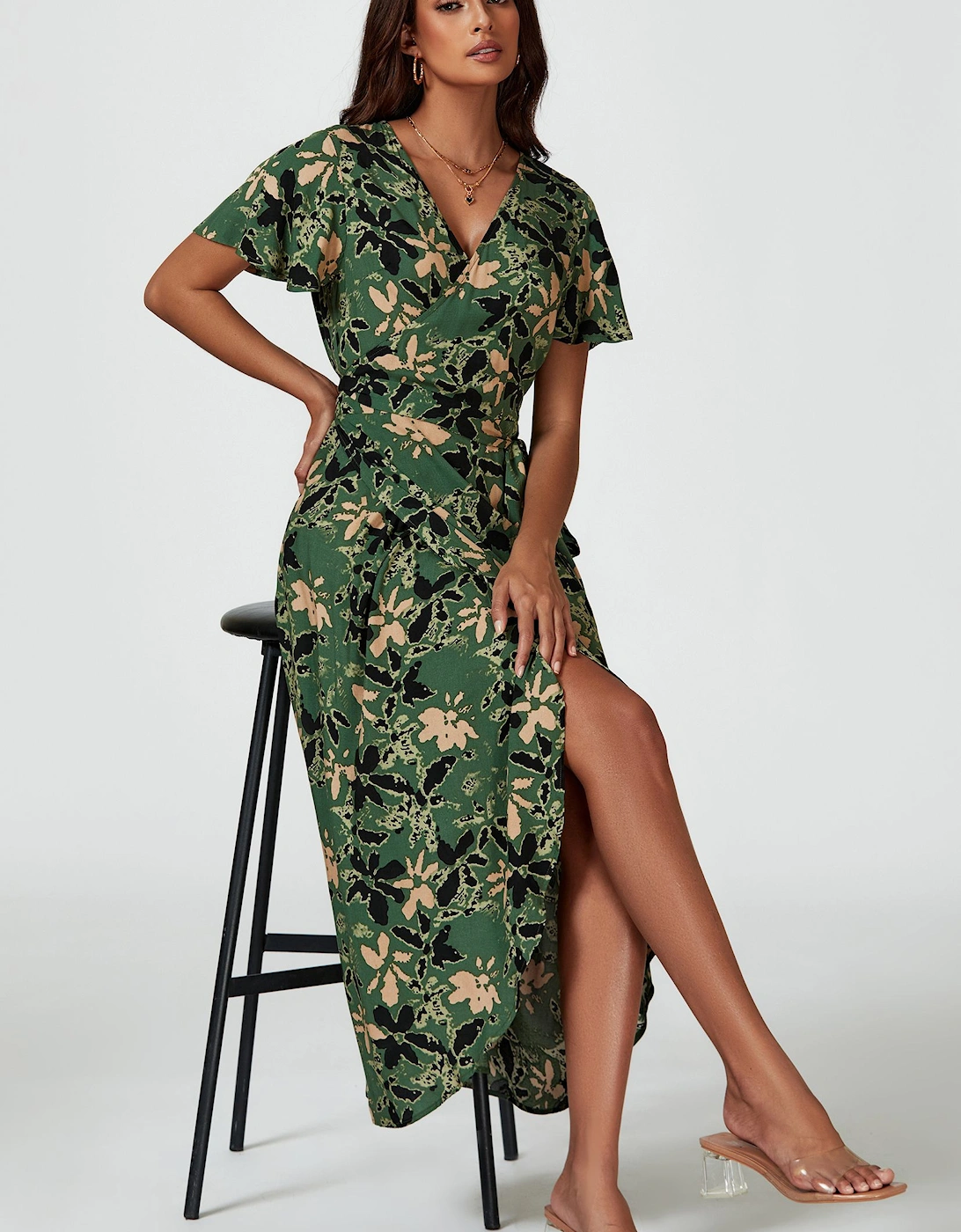 Abstract Floral Wrap Maxi Dress In Olive, 2 of 1