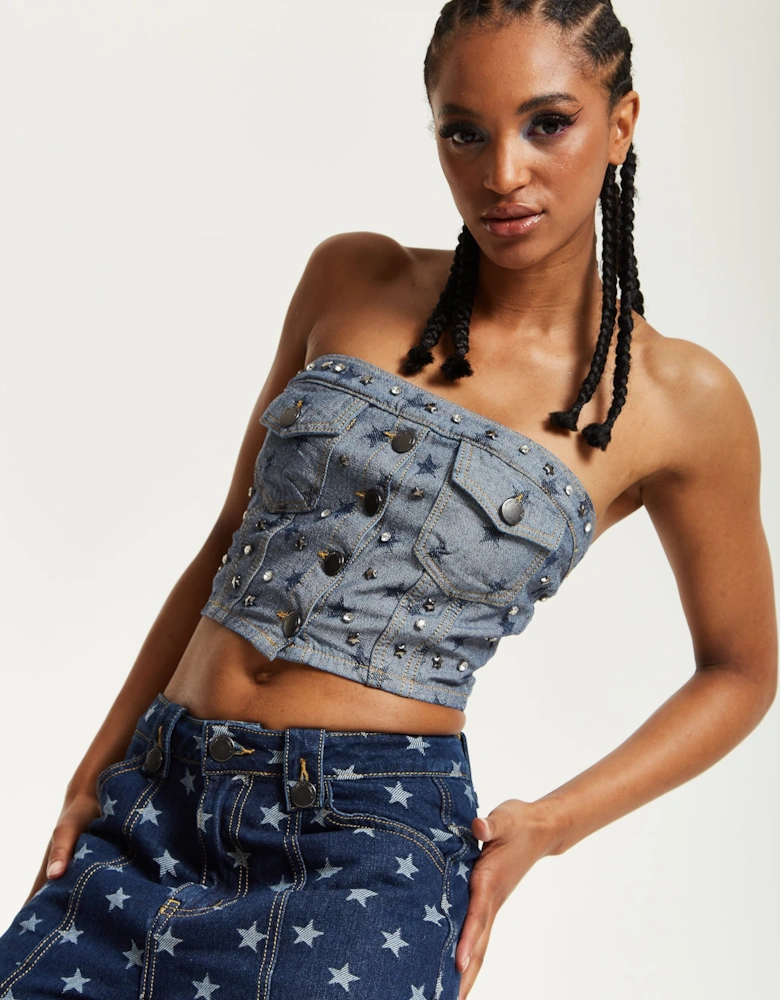 Star Print Grey Denim Bandeau Top
