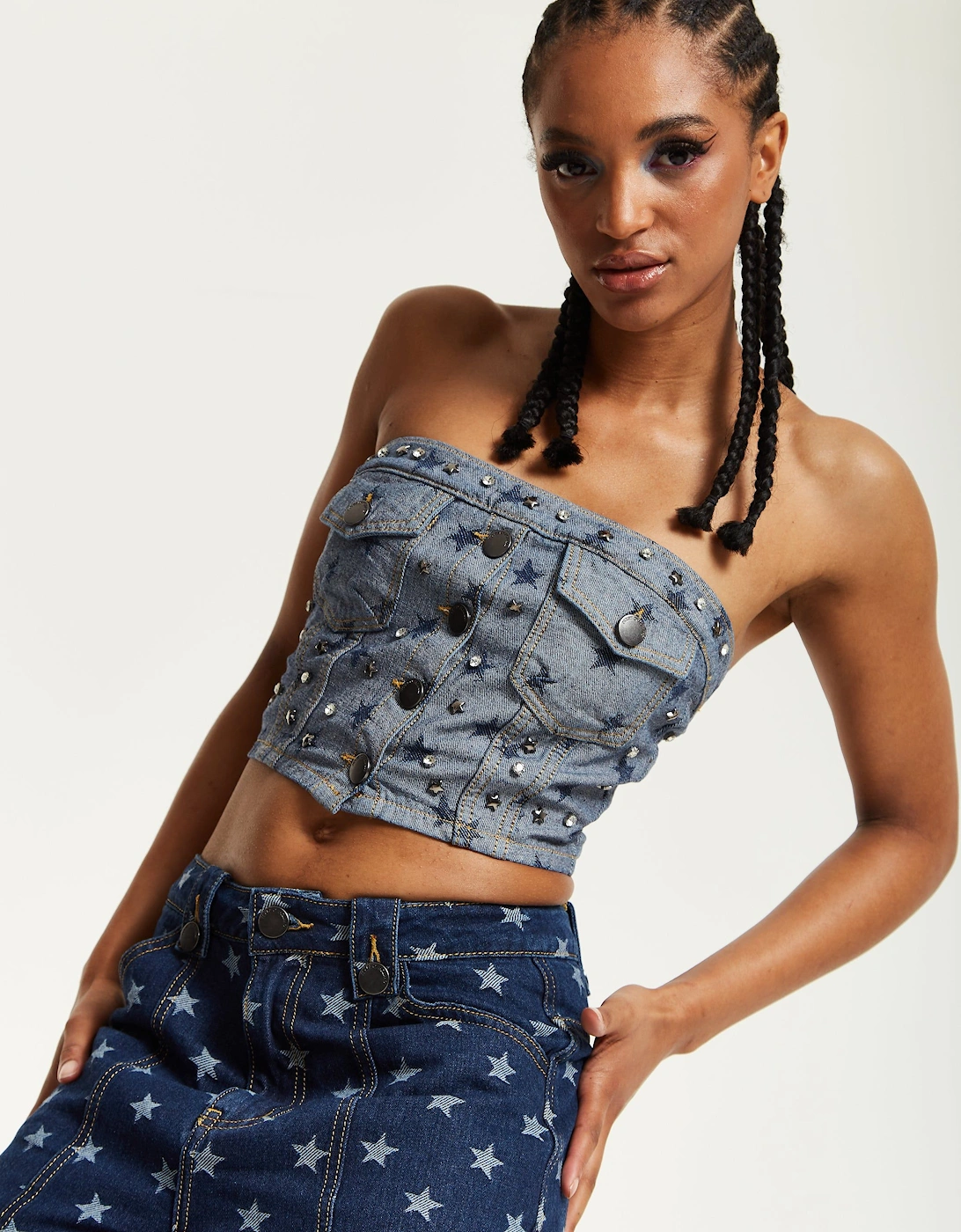 Star Print Grey Denim Bandeau Top, 2 of 1