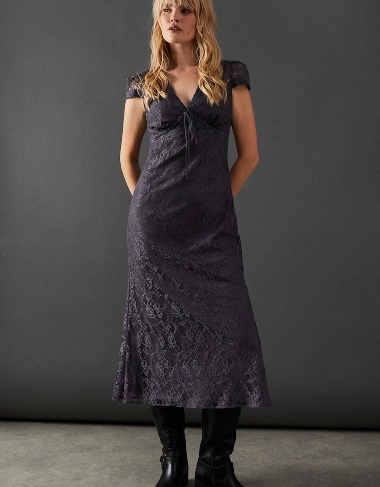 Lace Cap Sleeve Bow Front Midi Tea Dress